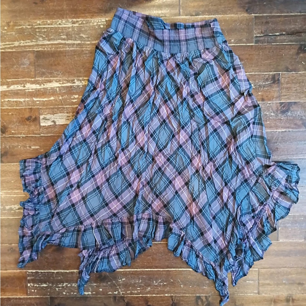 Cato Asymmetrical Plaid Ruffle Hem Skirt - Blue and Mauve